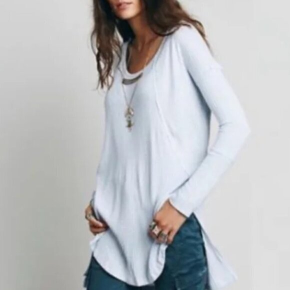 Free People Women‎ Waffle Knit Top Light Blue Small Long Sleeve Tunic Ventura - Picture 2 of 12